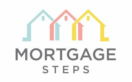 The Mortgage Steps LTD logo. It features 3 clip art style houses going going left to right in a row. The left house is blue, middle is pink and right is yellow. Under the houses the company name Mortgage Steps is shown.